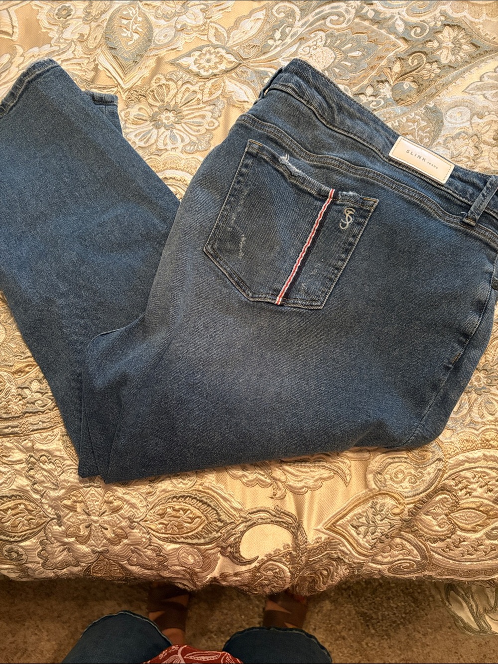Link Dark Blue Women's Jean Shorts with Subtle Red-White Pocket Stripe